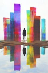 Fototapete - silhouette figure stands before colorful, textured vertical structures reflected in a calm body of w