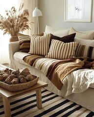 Wall Mural - A bright living room with a comfortable light beige couch, adorned with various throw pillows and a textured blanket in warm earth tones. A wooden