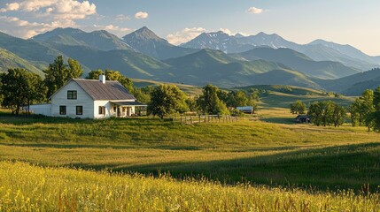 Aufkleber - A scenic farmhouse rests amid vibrant green fields, with majestic mountains forming a stunning backdrop. The warm glow of sunset highlights the natural beauty of the tranquil countryside