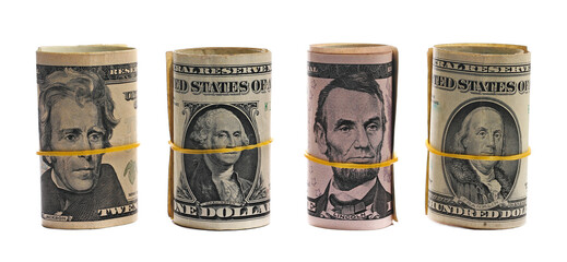 Wall Mural - Bundles of various rolled up american dollar bills, banknotes, cash money rolls set isolated on white background
