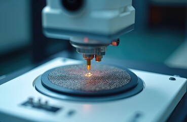 Poster - Closeup view of advanced tech equipment examining microchip transistor sample. High tech lab equipment tests microchip. Automation process manufactures circuit. Modern industrial process produces