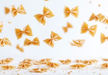 Poster - Falling pasta shapes, light beige color, against white background, scattered on white surface, food photography, studio shot, appetizing, delicate