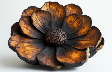 Poster - Exquisite Wooden Flower Sculpture with Rich Textures and Warm Tones Ideal for Home Decor, Art Installations, and Table Centerpieces