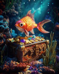 Canvas Print - Cute fish near a treasure chest. AI.