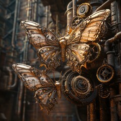 Poster - Steampunk butterflies. AI.