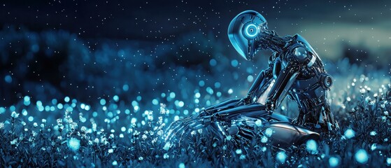 Wall Mural - futuristic robot amidst glowing flowers. ai.