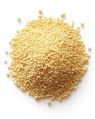 Poster - Pile of light beige couscous on white background, high angle close up view