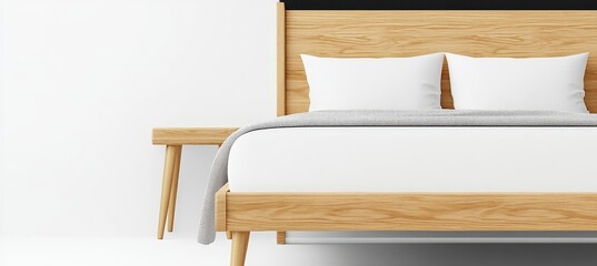 Wall Mural - Light beige wooden bed frame with white bedding and a small side table in a minimalist bedroom setting