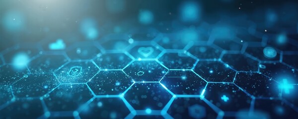 Poster - abstract tech medical backdrop. hexagonal grid pattern with glowing blue lines, icons. future tech h