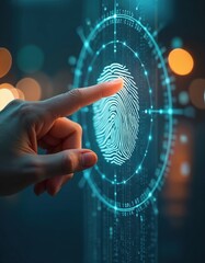 Poster - hand touches digital fingerprint for social media login. authentication process. security measure. t