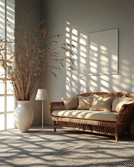 Wall Mural - Modern living room interior design, featuring a beige wicker couch, a tall vase with dried plants, and natural light streaming through large windows