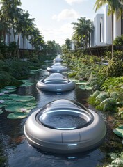 Canvas Print - Modern city canal scene, light gray hovercrafts float down a canal lined with lush greenery, tropical vegetation, and modern architecture. Clear