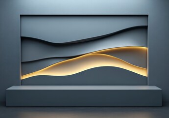 Poster - Abstract gray and gold wall display with wavy layers illuminated by golden light, a modern pedestal display design featuring a minimalist style