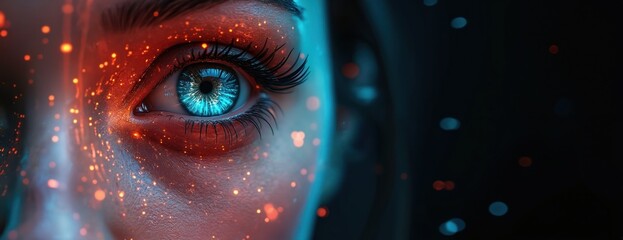 Poster - close-up view of womans eye. biometric eye scan. futuristic digital interface. colorful light effect