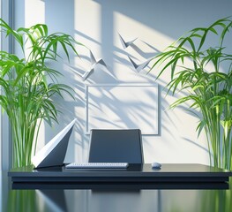 Wall Mural - Modern office workspace with white walls, green plants, and dark furniture. Natural light illuminates the scene