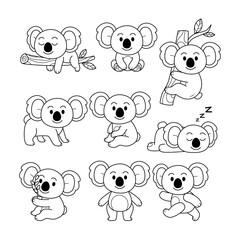 Wall Mural - set of koala doodle collection, flamingo outline coloring page book animals for kindergarten, vector