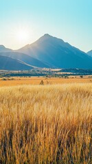 Aufkleber - Golden waves of grass sway gently under the warm light of dusk, while majestic mountains loom in the background. Nature's beauty is showcased in this tranquil landscape