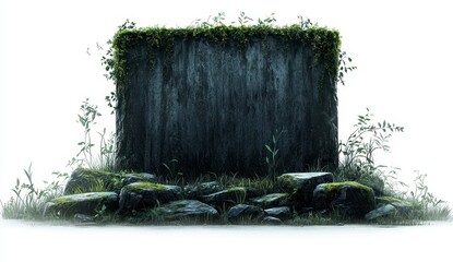 Poster - Dark gray stone rectangular slab overgrown with moss and small plants on a bed of rocks against a white background, low light or fog lighting