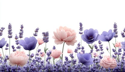 Wall Mural - Pastel purple and pink flowers, lavender, peonies, and poppies in a horizontal row against a pure white background