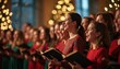 © Vadym - Choir joyfully sings carols during festive celebration. People smiling, animated. Bokeh lights create festive atmosphere. Holiday season event. Festive music. Group of people sing carols. Merry
