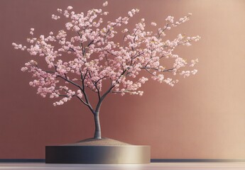 Wall Mural - Pink cherry blossom bonsai tree in a dark gray pot, against a textured rose gold wall, with soft, warm lighting