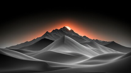 Poster - Dramatic grayscale landscape showcasing a mountain peak bathed in a fiery orange sunrise over a desert like landscape of dunes, pixelated style