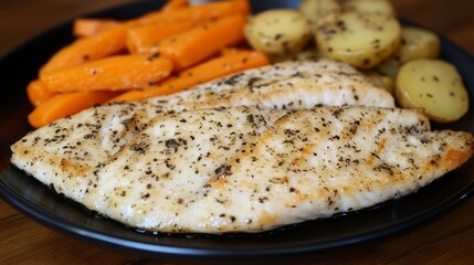 Sticker - Roasted fish fillets served with roasted vegetables on a dark plate