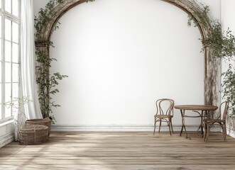 Sticker - Rustic room with arched wall, greenery, wooden furniture, and natural light. White walls, wooden floor, and a light filled space