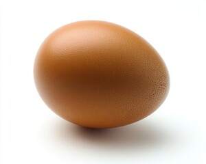 Canvas Print - Close up view of a single brown egg, sitting on a plain white surface. The egg's shell exhibits a mottled brown texture