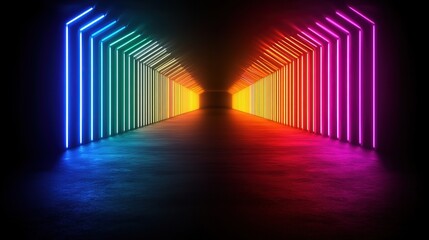 Poster - Vibrant neon light tunnel urban space digital art nighttime setting perspective illumination concept