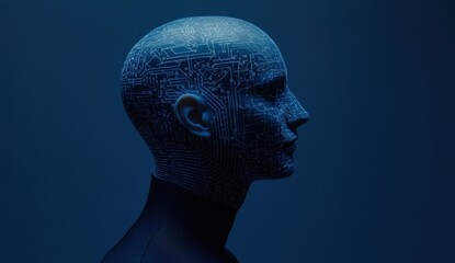 Poster - a profile view of an ai human-like figure with circuitry patterns on the head, symbolizing artificia