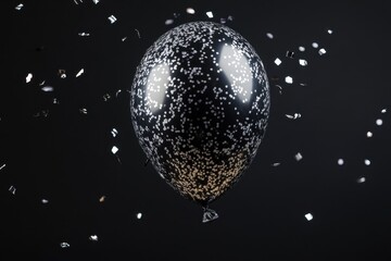 A single black balloon covered in white confetti floats upward