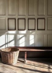 Sticker - Cream colored paneled walls with wooden bench and wicker basket, sunlit interior with shadows, vintage style