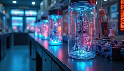 Poster - quantum computing lab experiments with glowing qubits in transparent containers. modern tech lab aim