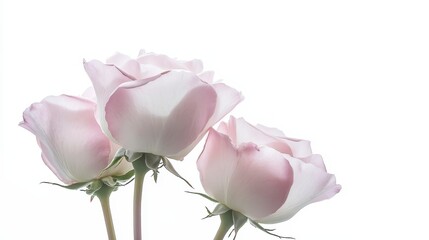 Poster - Close up three light pink roses with water droplets, soft lighting, isolated on white background, detailed petals, delicate flower display, gentle