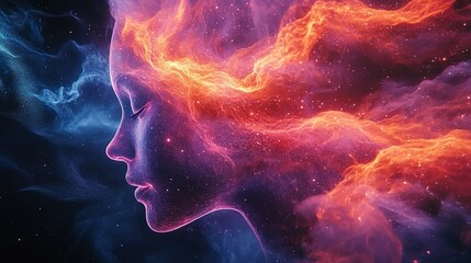 Poster - Celestial event of a cosmic woman space digital art surreal environment side view exploring inner universe