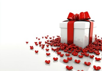 Canvas Print - A white gift box with a red ribbon and bow, surrounded by many small red hearts on a white surface. 3D rendering style