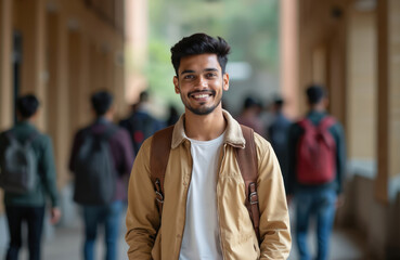 young indian student stands in university hall. smiling confidently with backpack. casual yet profes
