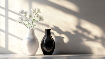 Wall Mural - White flowers, vases, sunlit wall, minimalist decor