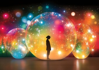 Wall Mural - Silhouette of person within colorful glowing spheres, vibrant lights, bokeh effect, dark background, futuristic, surreal scene