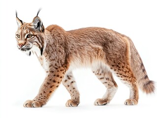 Wall Mural - portrait of a majestic eurasian lynx walking confidently on white backdrop