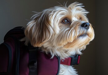 Poster - Close up portrait of a small dog wearing a dark purple vest and a red collar, looking intently towards the light source. The dog has a light brown