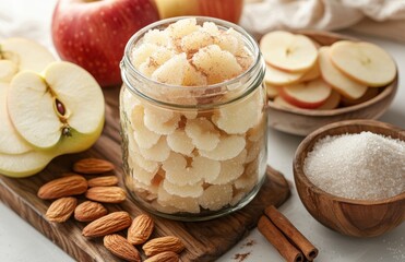 Poster - Fresh and Sweet Homemade Apple Candy with Almonds in a Glass Jar Surrounded by Sliced Apples and Cinnamon Sticks on a Rustic Wooden Board