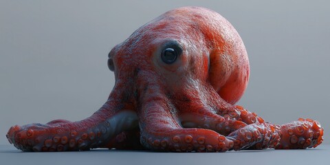 Poster - Close up view of a stylized octopus, rendered in a pixelated, or low poly style. The octopus has a reddish brown color and is set against a light