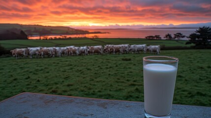 Poster - A glass of milk on a table overlooking a pasture with cows at sunrise over a lake, showcasing a tranquil rural scene with a vibrant sunrise sky