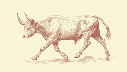 Poster - A vintage style illustration of a walking bull, depicted in muted tones of beige and light brown, on a cream background. The animal's form is