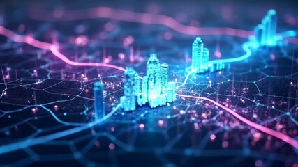 Poster - Flying through an abstract digital metropolis. Quantum worlds. Simulation of the microcosm. Concept of digitalization.  tilt shift effect