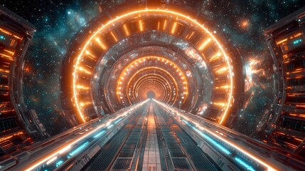 Wall Mural - cosmic voyage: a futuristic spaceship journey through a glowing nebula tunnel