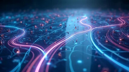 Poster - Flying through an abstract digital metropolis. Quantum worlds. Simulation of the microcosm. Concept of digitalization.  tilt shift effect