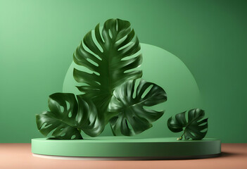 Poster - leaves 3d display product green podium monstera background rendering cosmetic dais racked three-dimensional shape show summer sale scene abstract advertising beauty blank bright composition concept